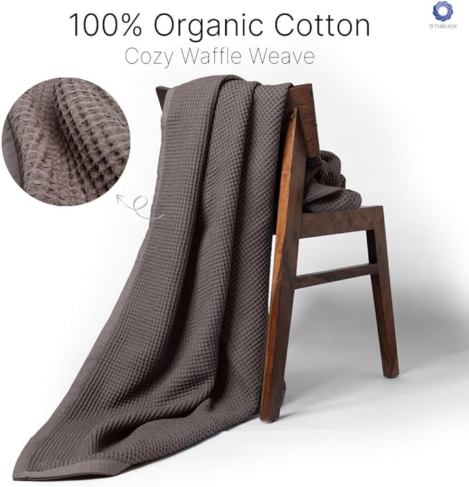 9Threads GOTS Certified Organic Cotton Waffle Weave Blanket, Twin Bed Size, 66"X90"Cozy Throw Blanket for Couch, Modern Home Decor, Throw Blankets,Waffle Blanket & Soft Bed Blankets -Charcoal Grey