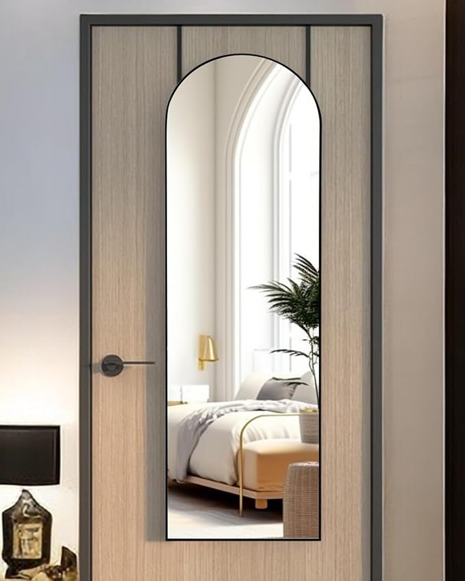 Full Length Mirror 48x14 Inches - Over The Door Hanging Mirror for Bedroom, Living Room, Closet - Arch Floor Mirror, Door Mirror with Black Frame - No Drill Easy Install