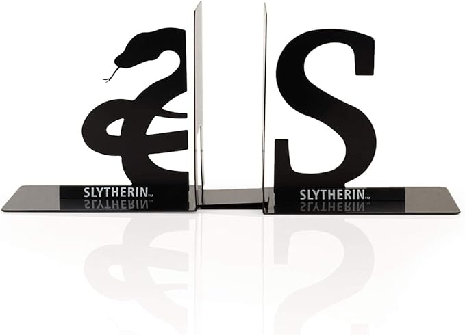 Harry Potter Metal Bookends - Black Hogwarts House Slytherin Diecast Design - Decorative Book Holder - Home, Office, Kitchen, Room Decor - Books Collection Display For Shelves - Desk Accessories Set