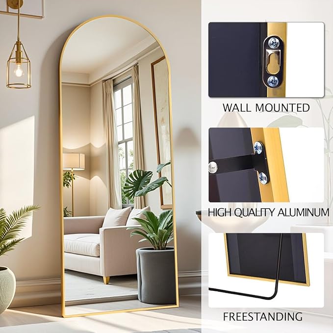 58"x18" Arched Full Length Mirror - Floor Standing or Wall Mounted with Stand, Aluminum Frame & Shatter-Proof Glass, Gold Freestanding Mirror for Bedroom, Living Room, Entryway Decor
