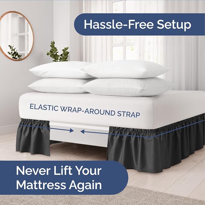 Wrap Around Dust Ruffle Bed Skirt - Black - Twin/Twin XL Size Beds with 15 Inch Drop - Easy Fit Elastic Strap - Adjustable Pleated Bedskirt w/Brushed Fabric - Wrinkle Free - Women, Men, Kids & Teens