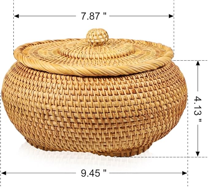 Handwoven Rattan Storage Basket with Lid – Picnic Bread Fruit Snack Multi-Purpose Organizer Bin for Kitchen, Pantry, Living Room, Home Décor