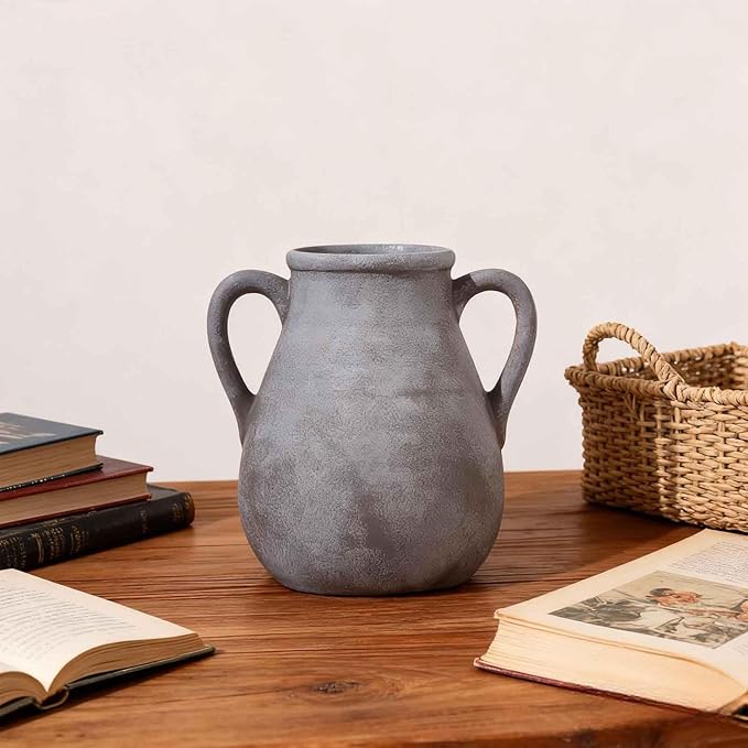 Ceramic Flower Vase with Handles, 7.5 inch Rustic Farmhouse Vase for Centerpieces, Small Decorative Terracotta Vases for Home Decor, Living Room, Table, Neutral