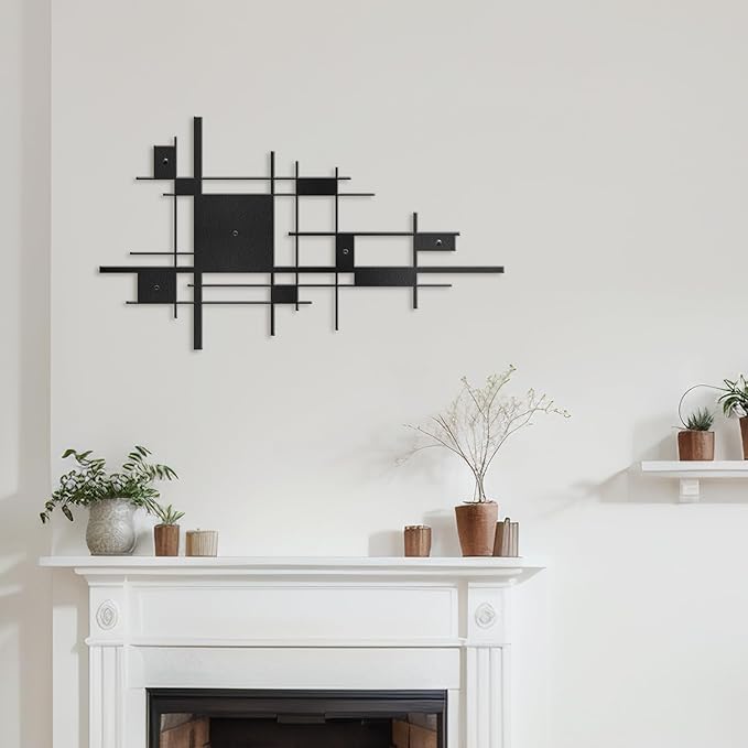 SIGNLEADER Metal Wall Decor Mondrian Geometric Minimalist Modern Luxury Wall Sculpture Hangings 3D Statue Home Decoration for Living Room, Bedroom, Bathroom, Kitchen, Fireplace, Office - 24" Black
