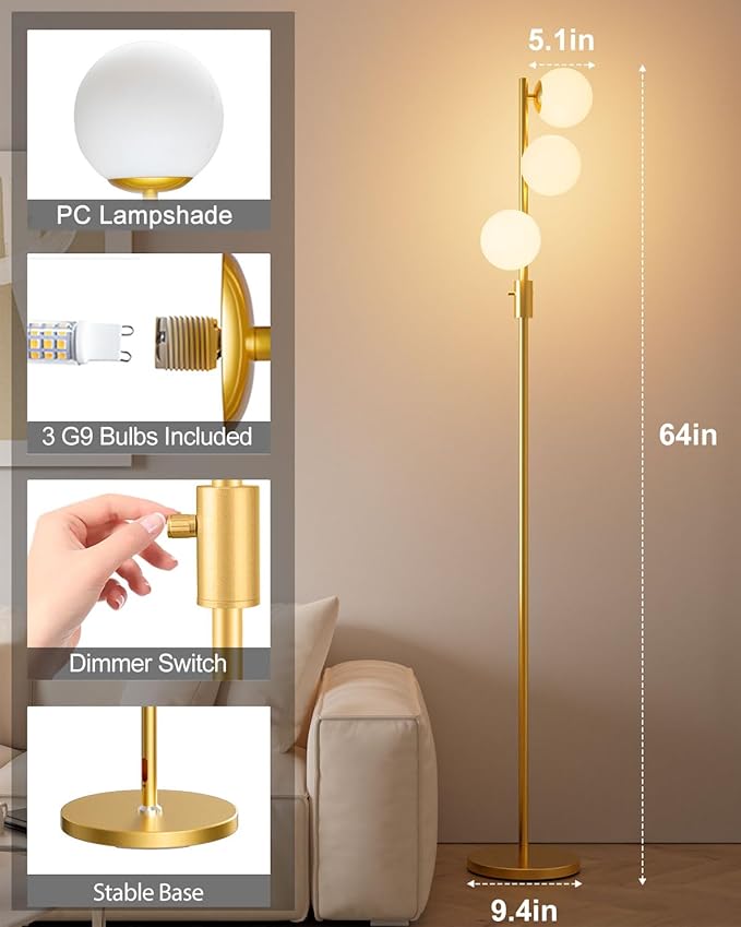 Lightdot 64IN Dimmable Globe Floor Lamp, Gold Standing Lamps with 3pcs 3000K G9 Bulbs Soft Warm White Eye Care, Mid Century Floor Lamp for Living Room