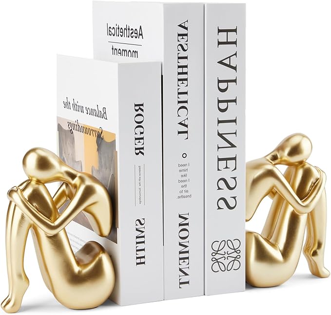 Gold Book Ends, Girl Thinker Design, Modern Bookends for Shelves, Non-Skid Heavy Duty Resin Book Stopper for Books, Resin, 1Pair/2Piece