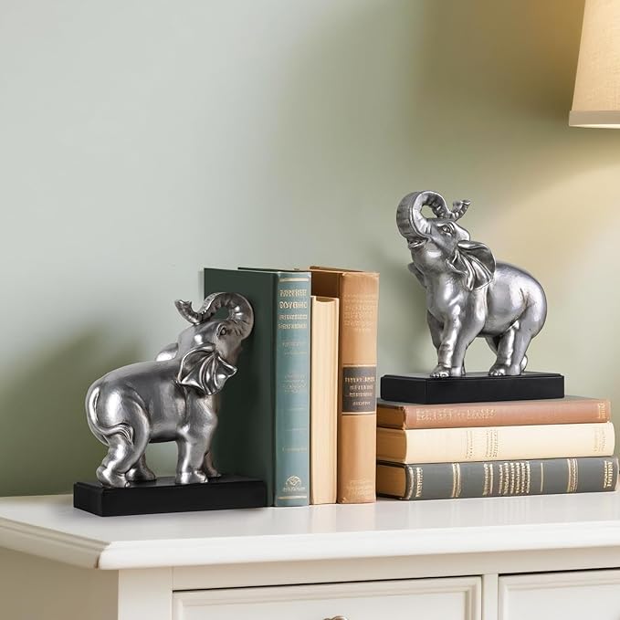 Elephant Book Ends Decorative, Bookends for Shelves, Book Ends for Heavy Books with Anti-Slip Pad for Book Lovers Heavy Book Holder for Home Office Decor (Silver)