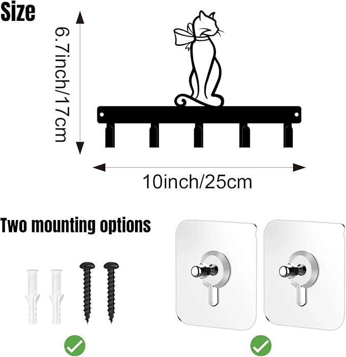 magilab Cat-Themed 10-Inch Iron Key Hooks with 5 Hooks, Black Wall Organizer - Cute Cat Design for Home Decor, No Drill & Screw-in Options (Style H)