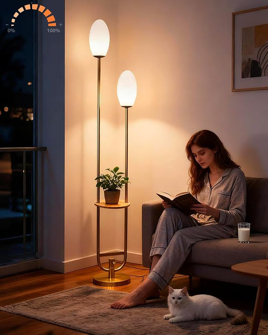 Lightdot Gold Dimmable Floor Lamp with 2 Oval Lampshades, Unique U-Shaped Tall Standing Lamps with Table& Warm White LED Bulbs, Mid Century Modern Floor Lamp for Living Room/Bedroom/Wedding/Party