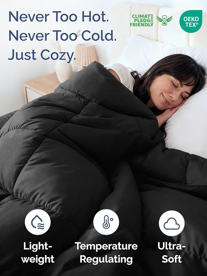 Queen Size, Black & Light Grey Reversible Alternative Down Comforter - Warm, Lightweight Breathable Hotel Quality Bedding Set - All Season Fluffy Oversized Cooling Microfiber Duvet Insert Comforter