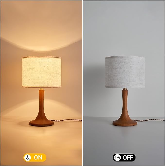 Bedside Table Lamp for Bedroom, Nordic Plug in Fabric Shade & Solid Wood Base Desk Lamp, Plug & Play Red Wood Color Nightstand Lamp for Living Room, Office, Switch Power Cord 【Bulb Not Included】