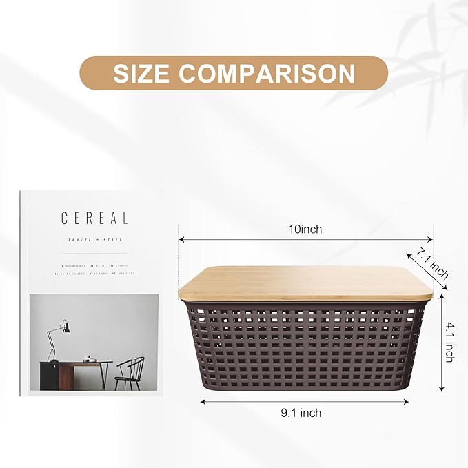 Plastic Storage Bins with Bamboo Lid - Stackable Pantry Storage Organizer with Lid - Storage Basket with Lable for Organizing: Small Storage Box for Shelves Cabinet Office Drawer Desktop 10x7x4in 6Pcs