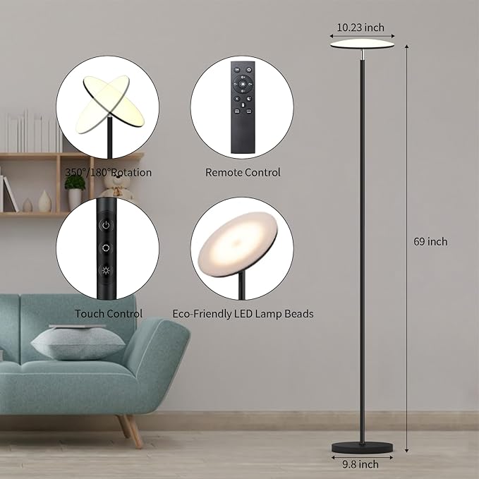 Lilaiaro Floor Lamps for Living Room, 36W/3600LM Super Bright Standing Lamp with Remote & Touch Control, Stepless Dimming & 2700K-6500K Color Temperature, LED Floor Lamp for Bedroom Office, Black