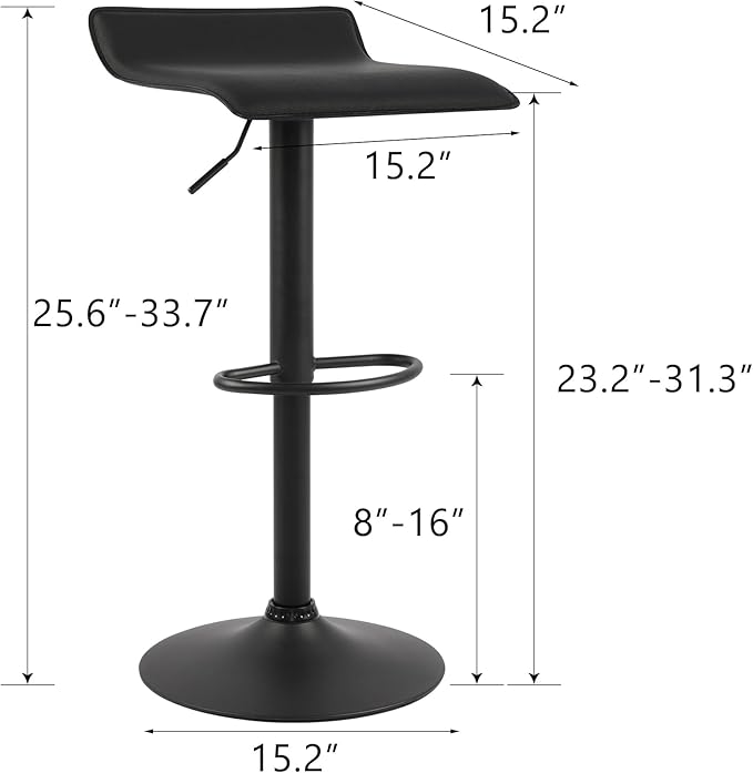 NOBPEINT Contemporary Chrome Air Lift Adjustable Swivel Bar Stool with Black Base, Set of 2, Black