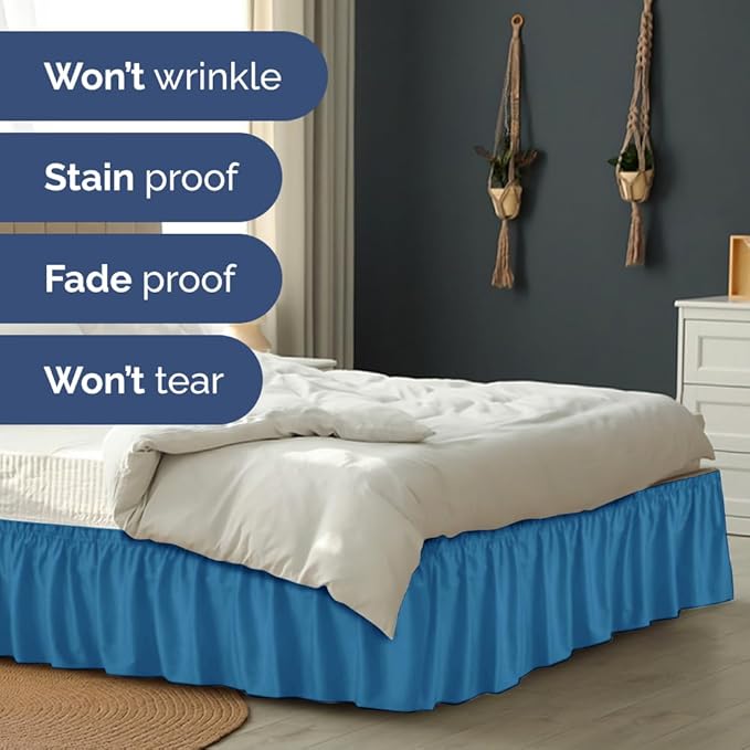 Wrap Around Dust Ruffle Bed Skirt - Denim Blue - for Full Size Beds with 15 Inch Drop - Elastic Strap - Adjustable Pleated Bedskirt with Brushed Fabric and Wrinkle Free - for Women, Men, Kids & Teens