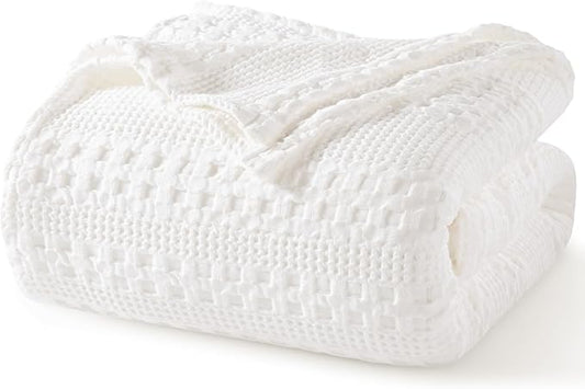 PHF 100% Cotton Waffle Weave Blanket Twin Size for Bed, Soft Lightweight & Breathable, All-Season Comfort, 300 GSM Luxury Aesthetic Blanket for Home Decor, 66"x90", White