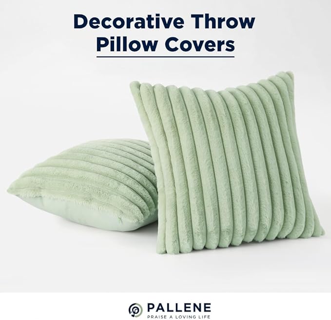 Pallene Faux Fur Plush Throw Pillow Covers 18x18 Set of 2, Luxury Soft Fluffy Striped Decorative Pillow Covers for Sofa, Couch, Living Room, Sage Green