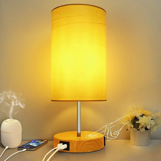 HiBay 17.75" Touch Bedside Table Lamp with USB Charging Ports & AC Outlet, Farmhouse Wood-Grain 3-Way Dimmable LED Nightstand Light with Parchment Shade for Bedroom Home Office Decor