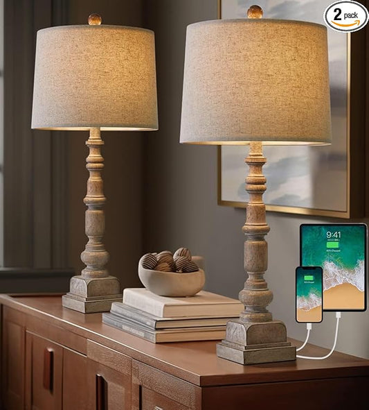 Oneach 27.75" Vintage Farmhouse USB Table Lamps Set of 2 for Living Room Bedroom Traditional Bedside Nightstand Lamp with Dual USB Port Resin Table Lamp with Rotary Switch for Living Room Bedroom