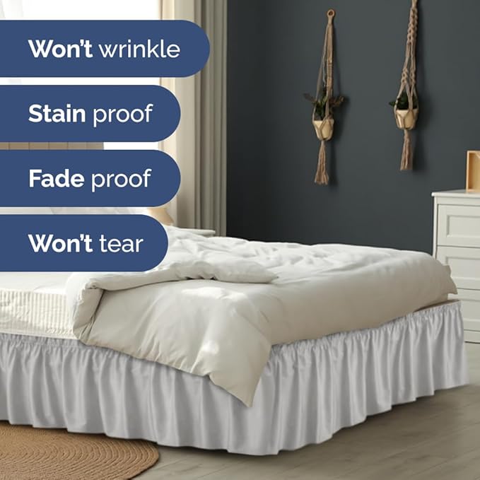 Wrap Around Dust Ruffle Bed Skirt - Light Grey - for Full Size Beds w/ 14 Inch Drop - Easy Fit Elastic Strap - Adjustable Pleated Bedskirt with Brushed Fabric, Wrinkle Free Women, Men, Kids and Teens