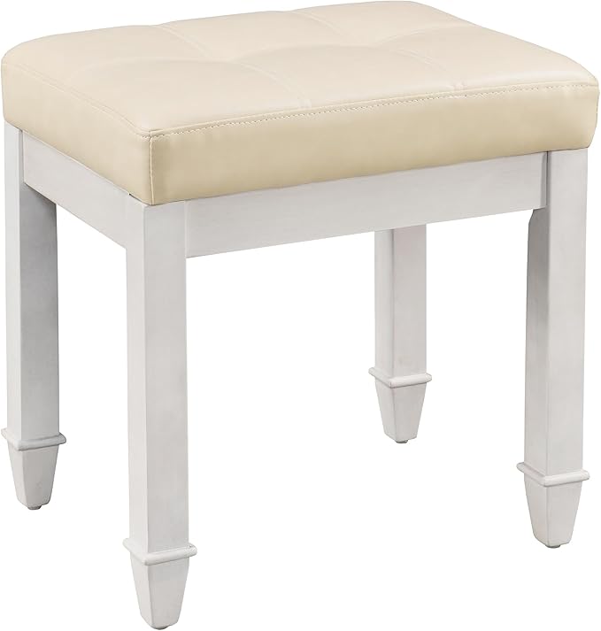 Vanity Stool Bench with Faux Leather Upholstered , Makeup Dressing Bench with Solid Wood Leg, Piano Bench Stools, Child Stool,18.5"L x 14.2"W x 18.5"H Stools, White Leg & Beige Surface FD2405PBG