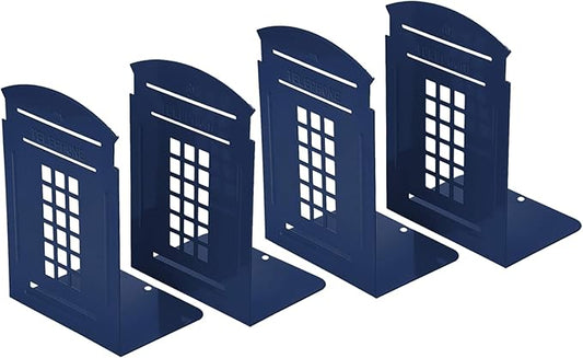 MerryNine 4 Pack Book Ends, Metal Bookends for Shelves, Telephone Booth Decorative Bookends, Non Skid Heavy Bookends, Book, Magazine or CD Organizers for Home and Office (Blue-4pcs)