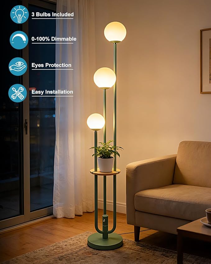 Lightdot 63IN Floor Lamp with 3 Green U-Pole, Modern Floor Lamp with 3000K Soft Warm White LED Bulbs Included, Candle Holder Style Modern Tall Lamp for Living Room/Wedding/Party