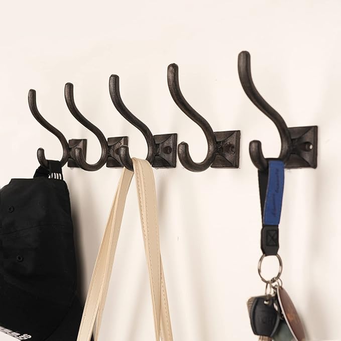 Ambipolar 5-Pack Antique Black Wall Hooks, Vintage Modern Farmhouse Style, Decorative Cast Iron Wall-Mounted Hooks, Heavy Duty Hooks for Mudroom, Bedroom, Hallway