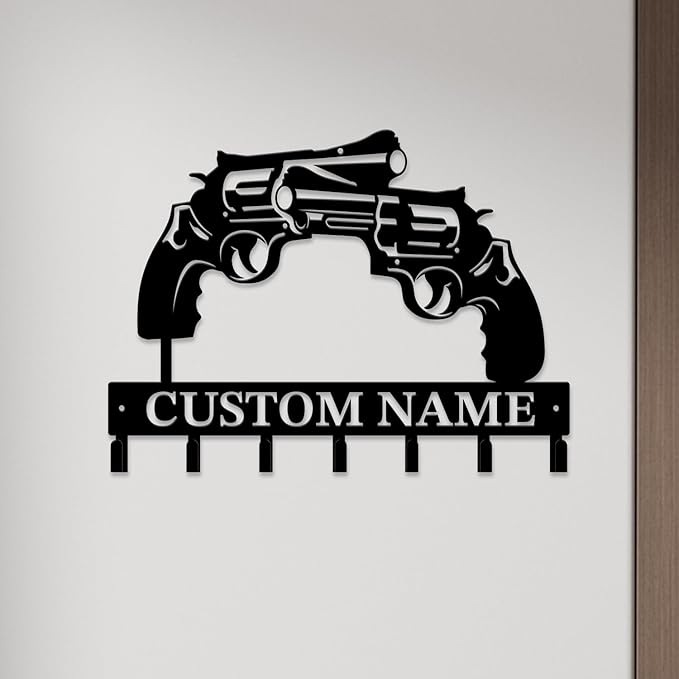 Personalized Custom Name Gun Wall Hooks,Metal Gun Room Art Clothes Hooks,Metal Gun Wall Home Storage Decorative,For Front Door, Hallway, Kitchen, Bedroom,Keys,Hats (Style B)
