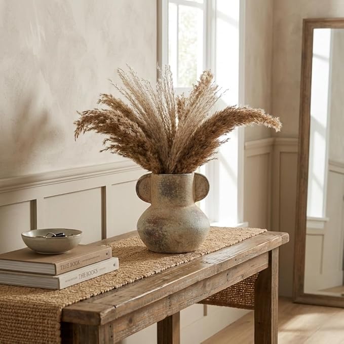 Emotionally Grounded Vase, Vaseking Ceramic Rustic Vase with 2 Handles, 6.1 inch Minimalist Decorative Farmhouse Vases for Home Decor, Living Room, Enterway, Table Decoration, Terra