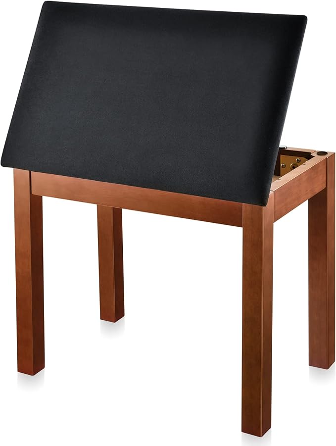 Donner Piano Bench with Storage, Solid Wood Keyboard Bench Piano Bookcase Stool Chair Seat with High-Density Suede Cushion, Brown