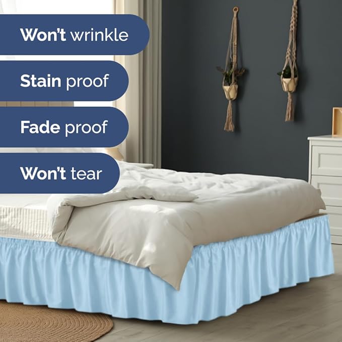 Wrap Around Dust Ruffle Bed Skirt - Light Blue - Twin/Twin XL Size Beds with 15 Inch Drop - Elastic Strap - Adjustable Pleated Bedskirt with Brushed Fabric and Wrinkle Free - Women, Men, Kids & Teens