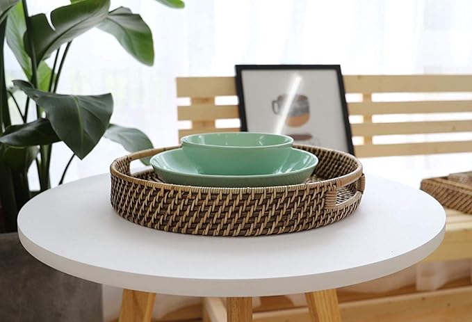13.8 inch Rattan Tray, Round Wicker Tray with Cut-Out Handles, Woven Serving Tray for Dining/Coffee Table