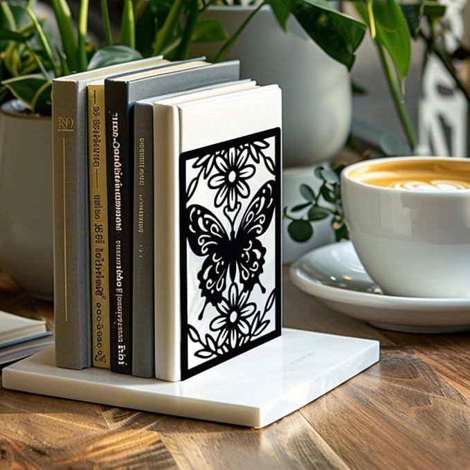 Peacoblue Metal Butterfly Bookends for Shelves Shelf Desk Office Room Decorative, Heavy Duty Study Unique Creative Anti-Slip Bookends Stoppers for All Books5.3"x4.3"x7.9", 1 Pair(Butterfly)