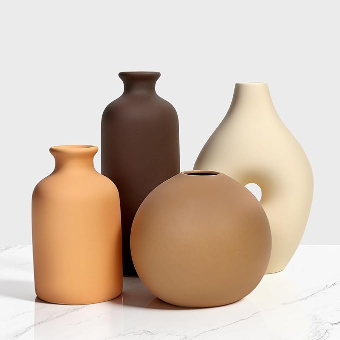 Ceramic Vase Set of 4, Modern Farmhouse Decor Vases for Home Table Centerpiece - Rustic Flower Vases for Living Room, Kitchen, Shelf, Bedroom, Office, Bathroom, Dining and Coffee Table Decor
