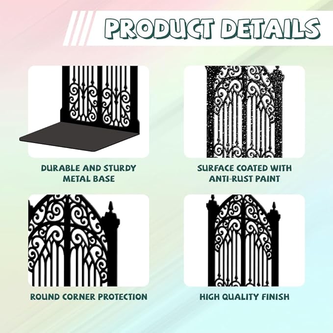 Peacoblue Metal Bookends for Shelves, Modern Decorative Heavy Duty Study Book Ends Stoppers for Office, Desk, Shelf, Room 5.3"x4.3"x7.9" Cast Iron Simple Tall Bookends 1 Pair (Gothic Gorgeous Gate)