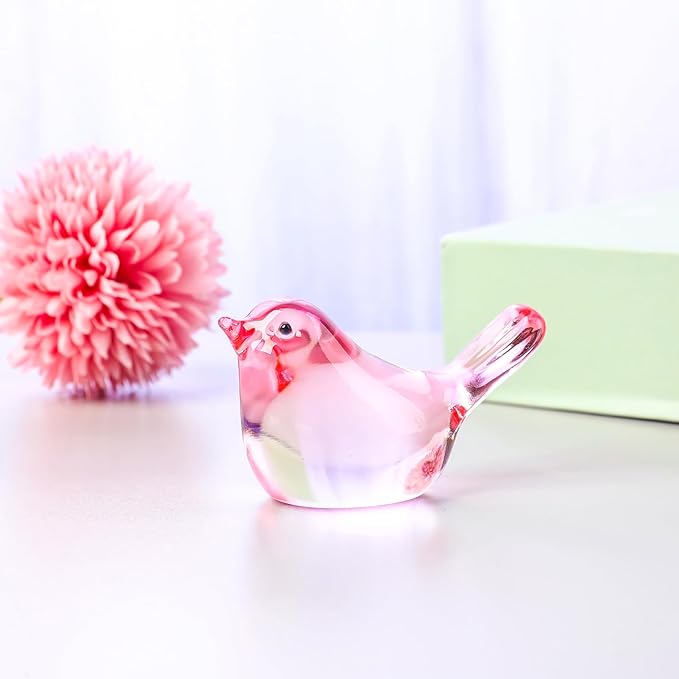 YWHL Handmade Crystal Pink Bird Figurines, Animals Gifts for Birds Lovers Women Men, Art Glass Birds Collectible for Home Decor, Desk Table Home Office Decoration