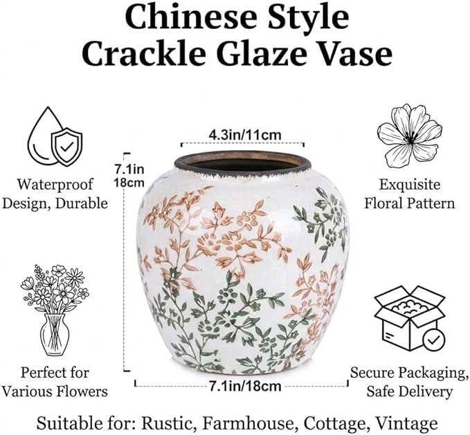 Green and White Vase - 7.1 Inchs Vintage Ceramic Vases for Home Decor, Farmhouse Flower Vase for Living Room and Kitchen, Vintage Pottery Decor for Table Shelf and Mantle, Chinoiserie Decor Vases