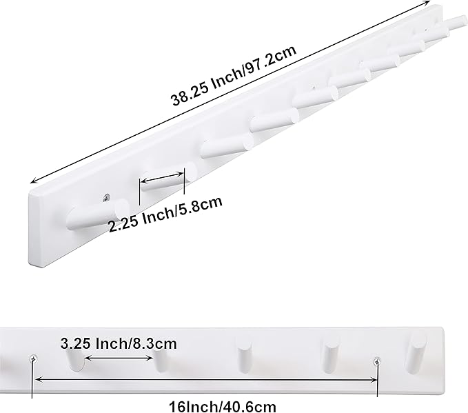 SKOLOO Wood Coat Rack Wall Mounted,10 Peg Long Bamboo Hook for Hanging Backpack Coat Towel Hat,16'' Hole to Hole,Pack of 2,White