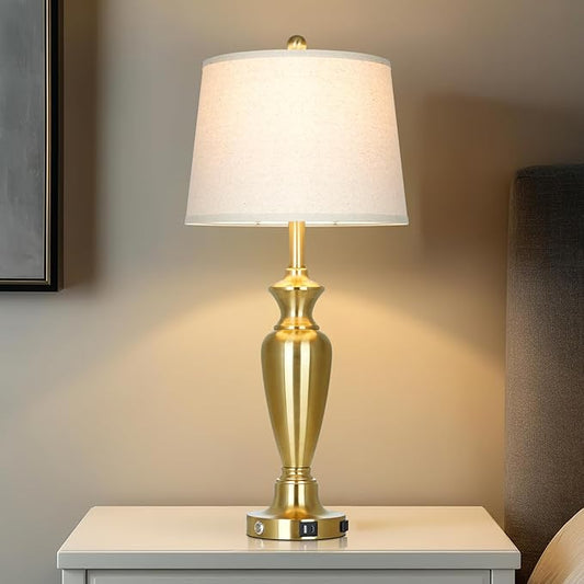 Gold Table Lamp for Living Room Single, 30″ Tall Touch Control Bedside Lamp for Nightstand, 3-Way Dimmable Bedroom Lamp with USB A+C Ports and AC Outlet (1 Pack)