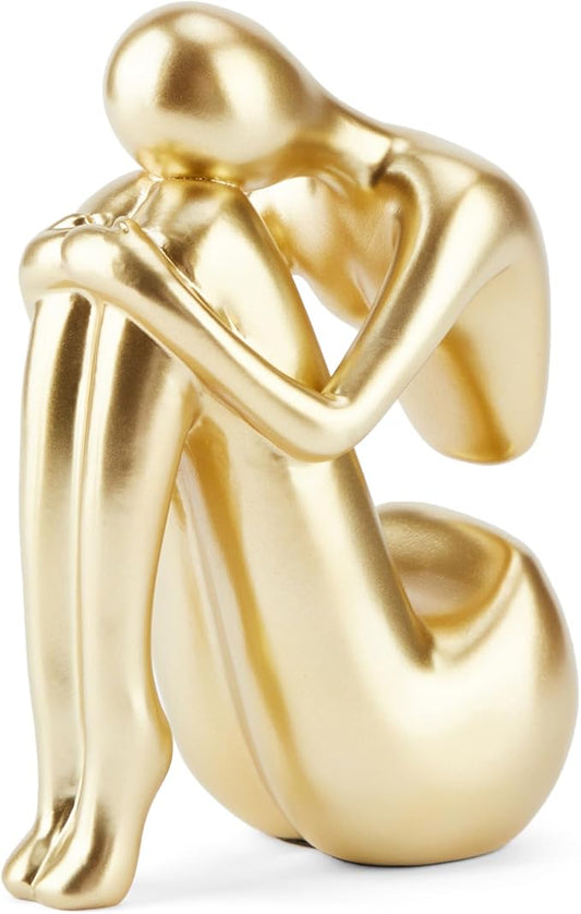 Gold Decor Women Statue, Thinker Girl Sculptures, Modern Abstract Art Accents, Golden Resin Collectible Figurines for Living Room Bedroom Bookshelf Coffe Table, Resin, 1Piece
