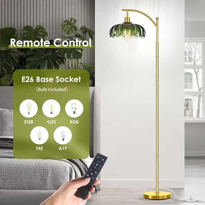 gernehop Gold Floor Lamp for Living Room with Remote Control,Unique Vintage Standing Tall Lamp,Mid Century Modern Floor Lamps Arc Green Glass Floor Lamps for Office Corner