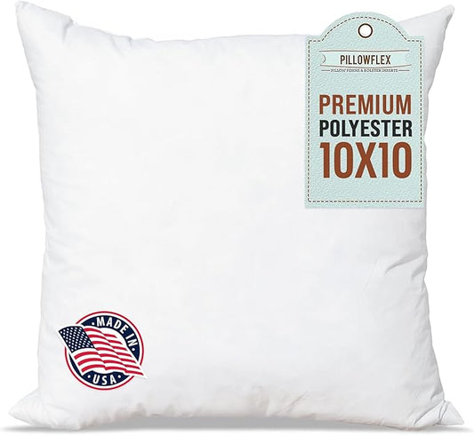 Pillowflex Premium Polyester Throw Pillow Insert - 10x10- Ultra Soft Small Square Throw Pillow, Couch Sham, Lumbar, Back, Sofa - Machine Washable - Decorative Accent Form - 1 Soft Pillow