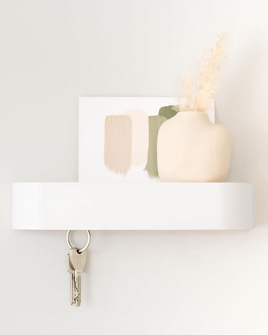 Kazai. Key Holder 'Toke' | Minimalist Key Hook Design from Berlin | Modern Key Holder Wall Mount with Wooden Shelf | Key Rack for Wall as Entryway Organizer | White