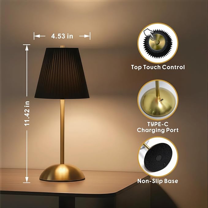 2-Pack Rechargeable Cordless Table Lamps, 3CCT & Stepless Dimming, LED Wireless Lamp with Touch Control for Bedside Nightstand, Dining Table, Outdoor Patio Use, 12 * 5 Inches (Black)