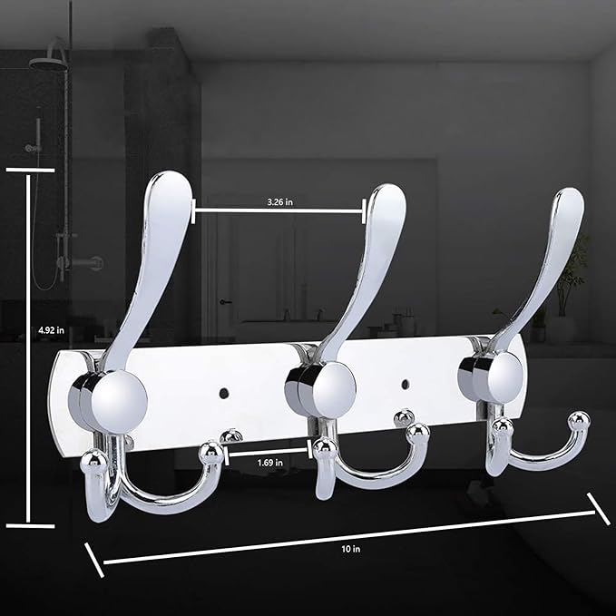Coat Rack Wall Mounted,3 Tri Stainless Steel Coat Hook for Coat Hat Robes Towel in Mudroom Entryway (Sliver, 2 Pack 3 Hook)