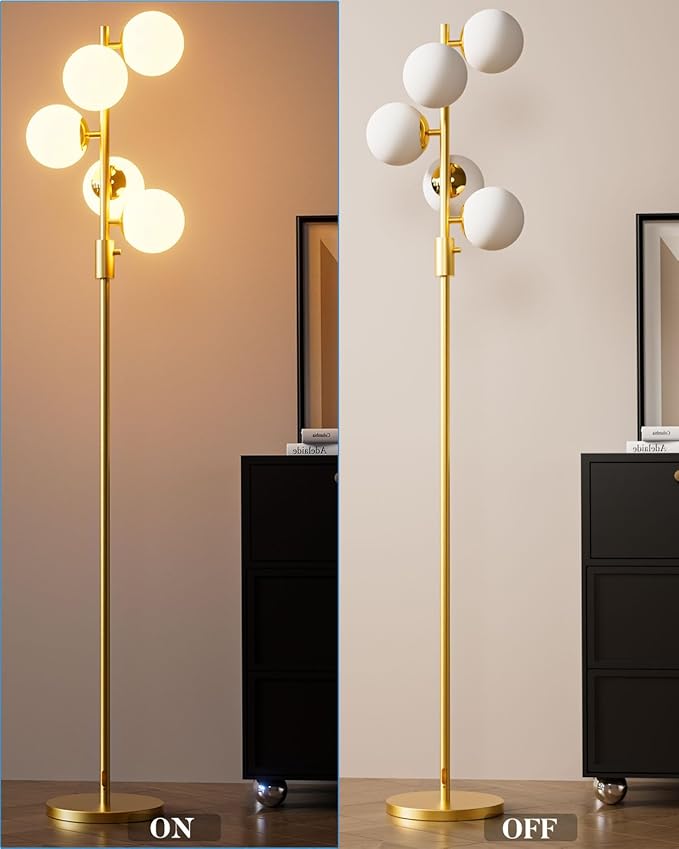 ACOHOOK Dimmable Gold Floor Lamp, 64IN Tall Standing Lamps with 5 Globe Soft Warm White Eye Care 3000K G9 Bulbs, Mid Century Modern Floor Lamp for Living Room Bedroom Office