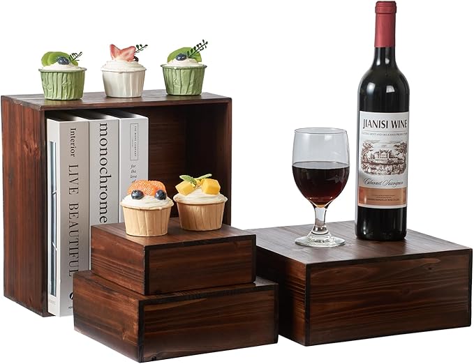 Set of 4 Wooden Rustic Cake and Cupcake Stand Combo, Square Wood Display Stand for Weddings, Cube Party Buffet Table Display Nesting Riser for Dessert, Food , Cookie, Craft Show, Brown