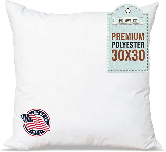 Pillowflex Premium Polyester Throw Pillow Insert - 30x30 Ultra Soft Square Throw Pillow, Couch Sham, Lumbar, Back, Sofa - Machine Washable - Decorative Accent Form - 1 Soft Pillow