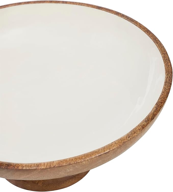 VHC Brands Natural with White Wooden Fruit Bowl 5.5x12x12, Kitchen Decor, Decorative Wooden Pedestal Bowl, Perfect Centerpiece for Table, Island, or Counter